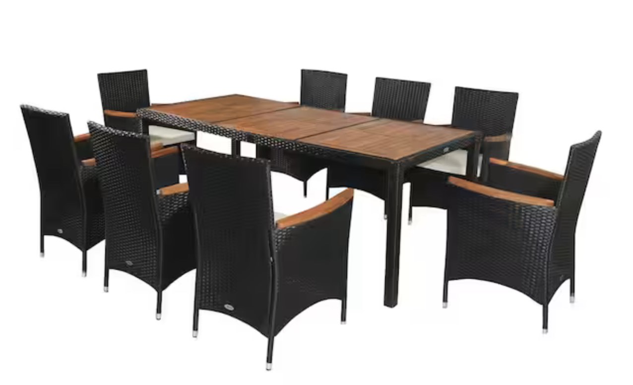 ((INCOMPLETE BOX 2 OF 4)) Black 9-Pieces Steel Rattan Rectangle Outdoor Dining Set with White Cushions and Water-Resistant Cushions