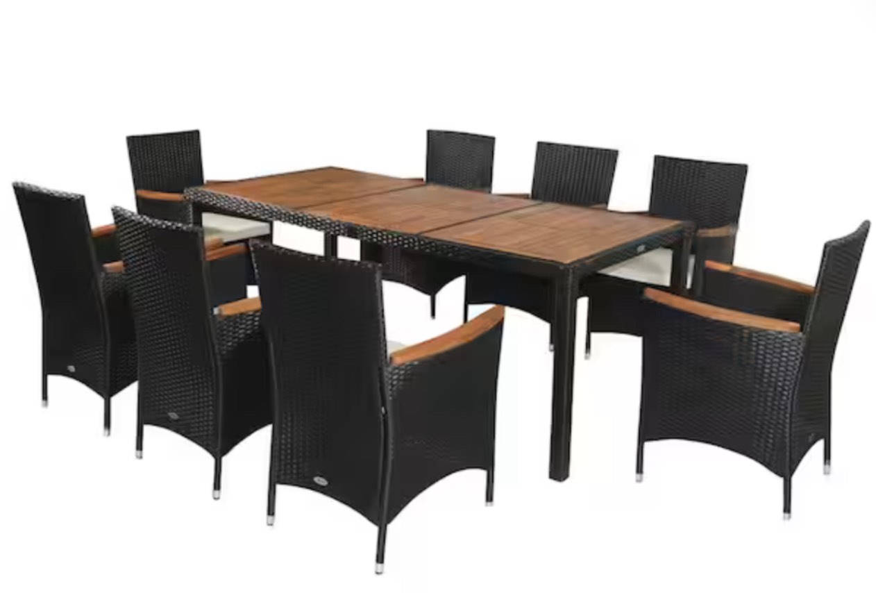 ((INCOMPLETE BOX 2 OF 4 ))Black 9-Pieces Steel Rattan Rectangle Outdoor Dining Set with White Cushions and Water-Resistant Cushions((861-035 )) 