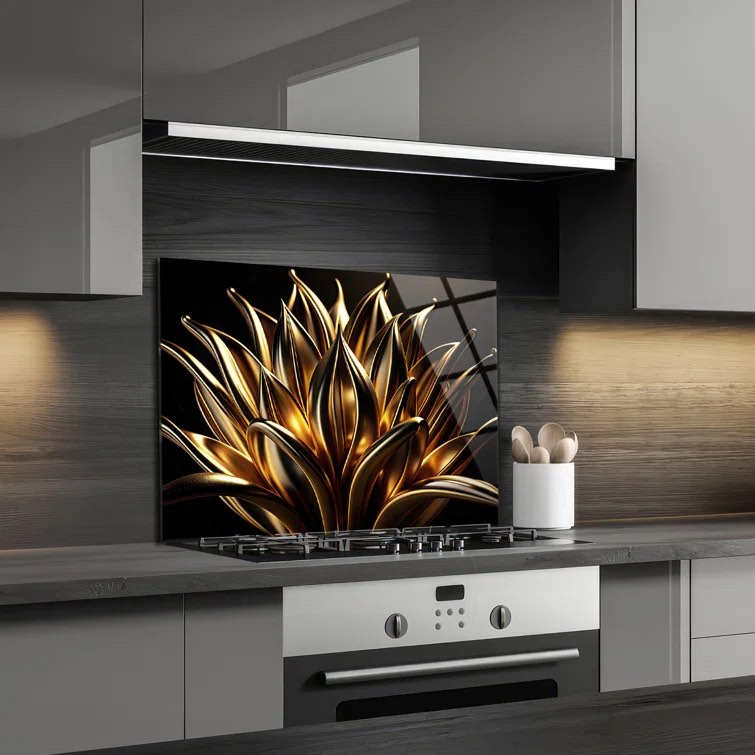 Golden Bloom Tempered Glass Backsplash