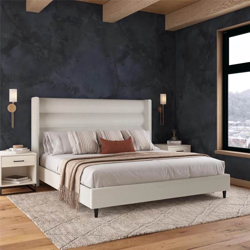 (Box 2of 2) Louis Upholstered Bed Frame With High Tufted Headboard, King, Textured Ivory Canvas (Box 1 Of 2)