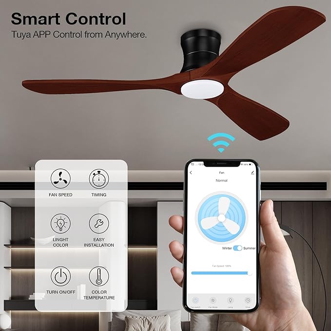 (Incomplete) 52 Smart Wood Flush Mount Ceiling Fans with Lights Remote,Quiet DC Motor,Outdoor Indoor Low Profile Ceiling Fan,Voice WIFI Alexa App Control,Dimmable,6-speed,for Modern Bedroom Patio