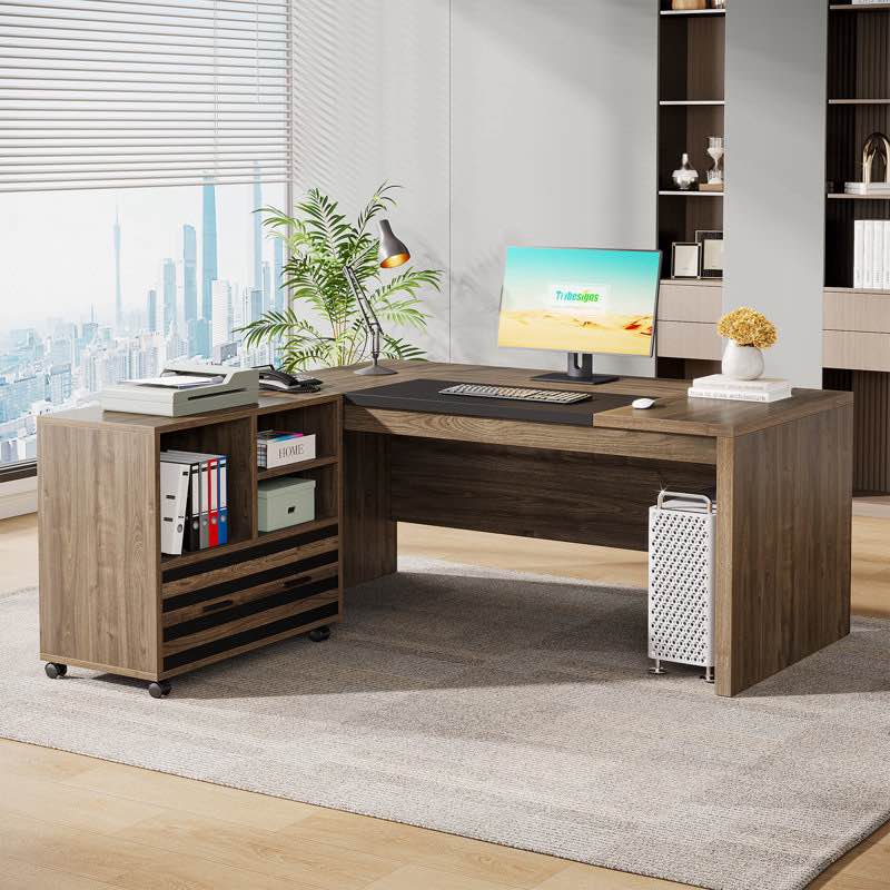 Biondi L-Shaped Executive Desk with File Cabinet