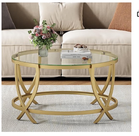 Round Coffee Table for Living Room, Gold Coffee Table with Tempered Glass & Metal Frame, Modern Glass Coffee Table