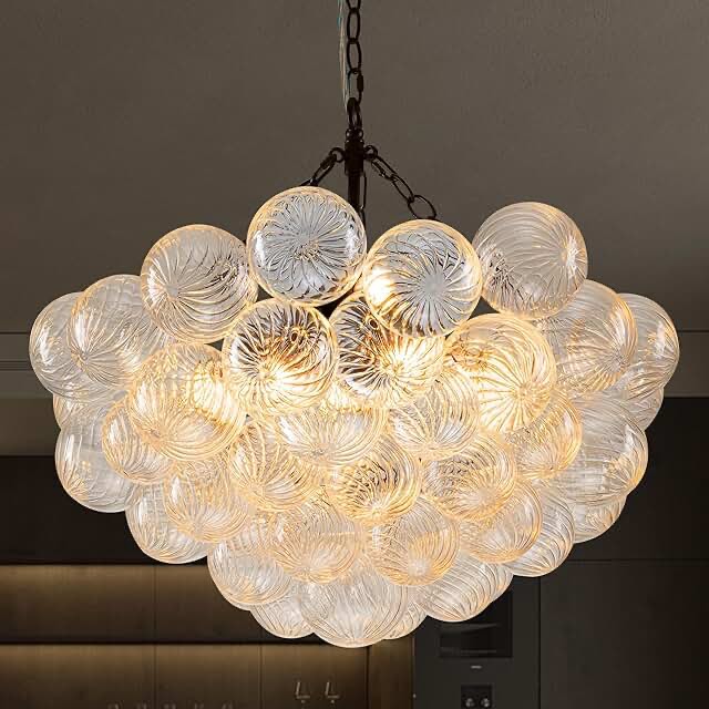 Bubble Ball Swirled Glass Chandelier Black Finish Clear Blown Glass 24" Dia Cluster Globe Pendant Light Fixture for Bedroom Dining Room Table Bedroom Bathroom Entryway