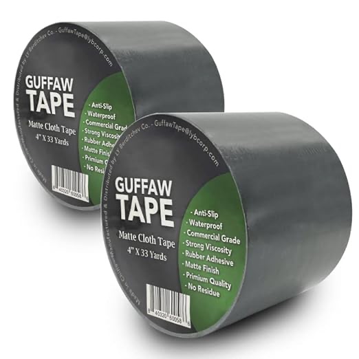 ( similar)Guffaw - Professional Grade Gaffer Tape for Musicians, Commercial Use, Electrical Cords - Width 4 inches, Length 33 Yards - Matte Cloth Gaffers Tape for Securing Cables, Upholstery & Bookbinding (2pk)