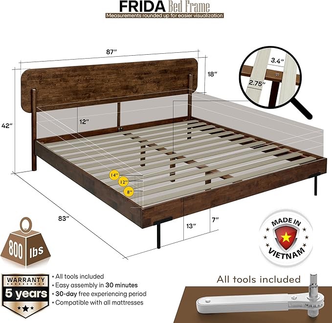 (incomplete) Acacia Frida King Size Bed Frame and Headboard, King Size Platform Bed Frame Scandinavian Wood Bed Compatible with All Mattress Types, Wood Slats Support, King Bed Frame Wood Bed Frame, Walnut
