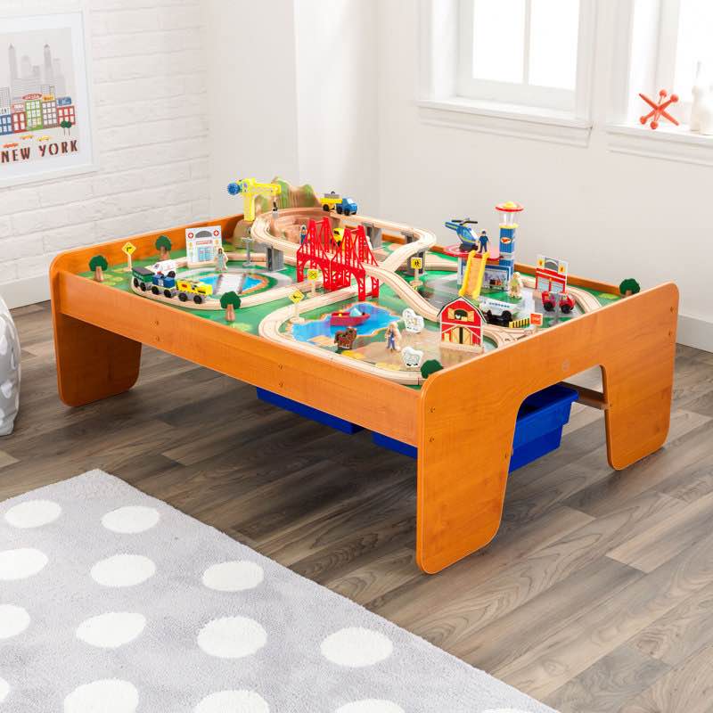 Ride Around Town Wooden Train Set And Table With Storage Bins And 100 Pieces, Honey