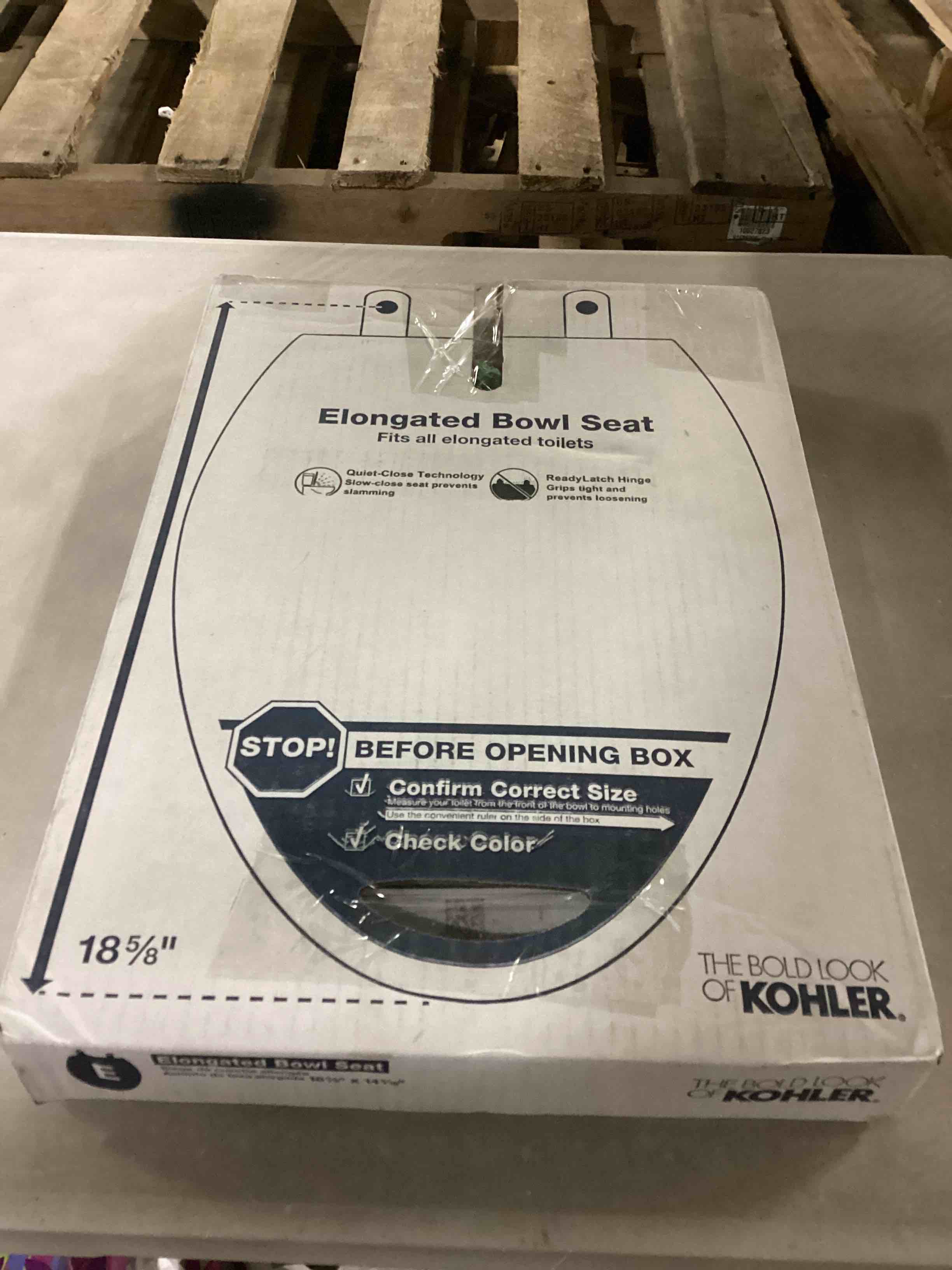 Condition photo showing As Is for (SOME DISCOLORING) KOHLER 4636-RL-0 Cachet ReadyLatch Elongated Toilet Seat, Quiet-Close Lid and Seat, Countoured Seat, Grip-Tight Bumpers and Installation Hardware, White, 18.04"L x 14.18"W