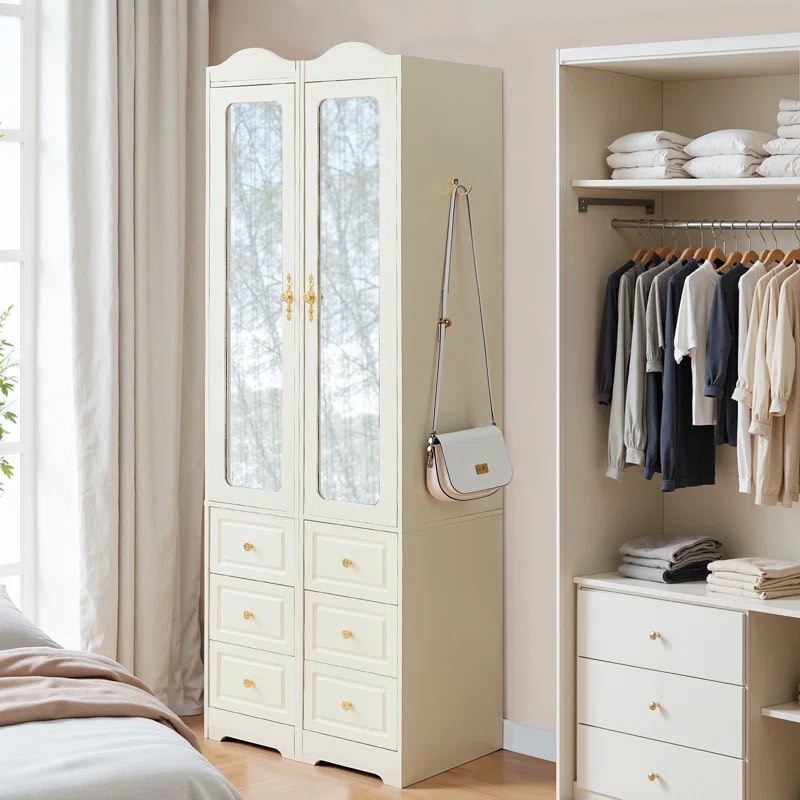 Werther Armoire Wardrobe Closet & Wardrobe Cabinet with 6 Drawers and 2 Mirrors & With Hanging Rod & Sensor Lights,White