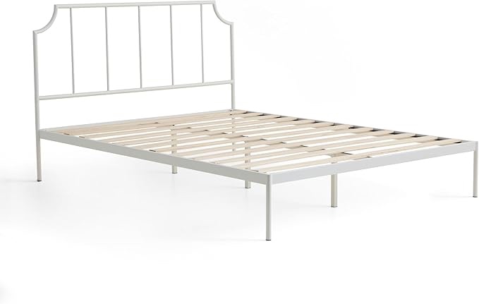metal platform bed with vertical headboard with scooped accents queen