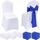 Mepase 100 Pcs Wedding White Chair Covers Stretch Spandex Chair Covers Decorative Elastic Chair Sash Folding Silk Chair Bows for Wedding Banquet Dining Kitchen Party Decoration (Royal Blue, White)