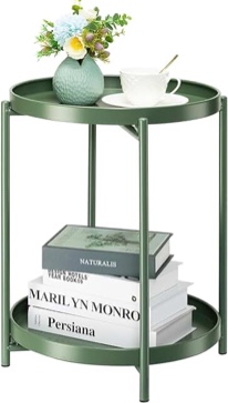 danpinera Metal Side Table, Imitation Rattan Green End Table with 2 Tier Removable Tray, Round Table for Small Spaces, Small Tables for Living Room 20.47 Inch x 16.54 Inch