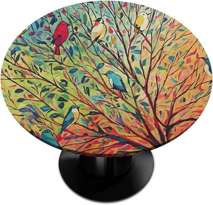 Spring Bird Round Fitted Tablecloth with Elastic Edge, Birds Tree Table Cover Waterproof Wipeable Table Cloths for Round Tables