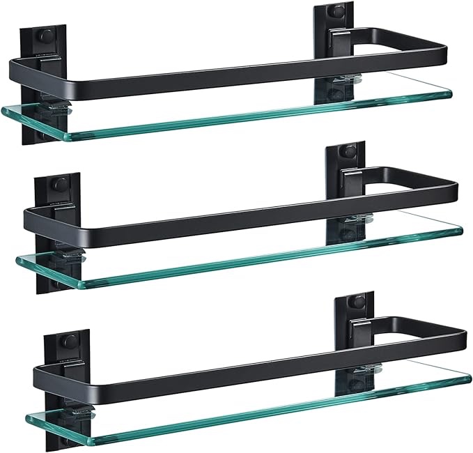 AIJALY 3 Pack Bathroom Glass Shelf ,Aluminum Tempered Glass 0.34in Extra Thick Rectangular 1 Tier Storage Organizer Wall Mount ,Black 15.7in