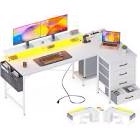 ODK 63" Reversible L Shaped Computer Desk with 4-Tier Fabric Drawers, Gaming Desk with LED Lights & USB Power Outlets & Charging Port & CPU Stand & Monitor Stand for Home Office Workstation, White White 63 inch