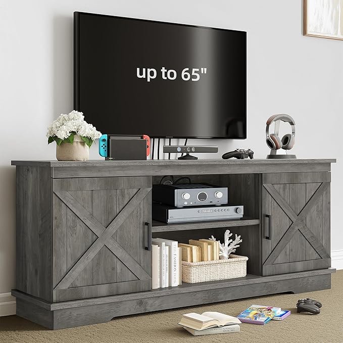 YITAHOME Farmhouse TV Stand for 65 Inch TV, Rustic Entertainment Center with Double Barn Doors and Storage Cabinets, Modern Media Console Table TV Cabinet, Black