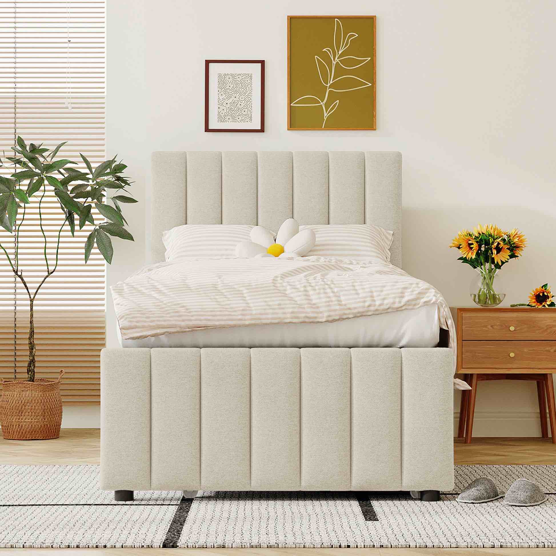 Twin Size Upholstered Platform Bed, Beige