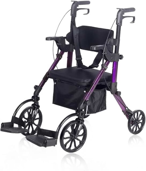 ELENKER All-Terrain 2 in 1 Rollator Walker & Transport Chair, Folding Wheelchair with 10” Non-Pneumatic Wheels for Seniors, Reversible Backrest & Detachable Footrests, Champagne