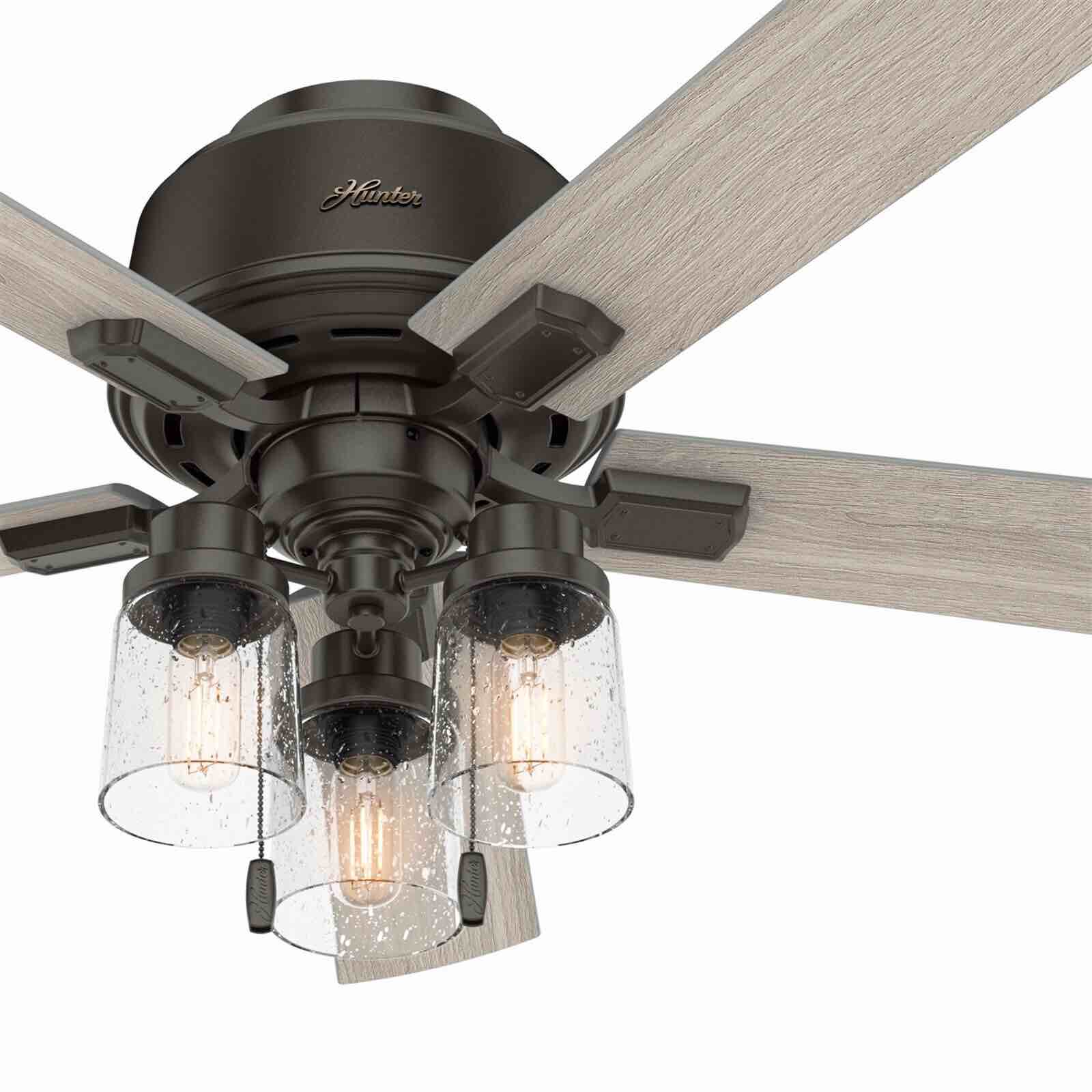 Hunter Fan 52 in Low Profile Noble Bronze Ceiling Fan with Light and Pull Chain