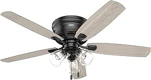 Hunter Fan 52 inch Low Profile Matte Black Indoor Ceiling Fan with LED Light Kit and Pull Chain (Renewed)
