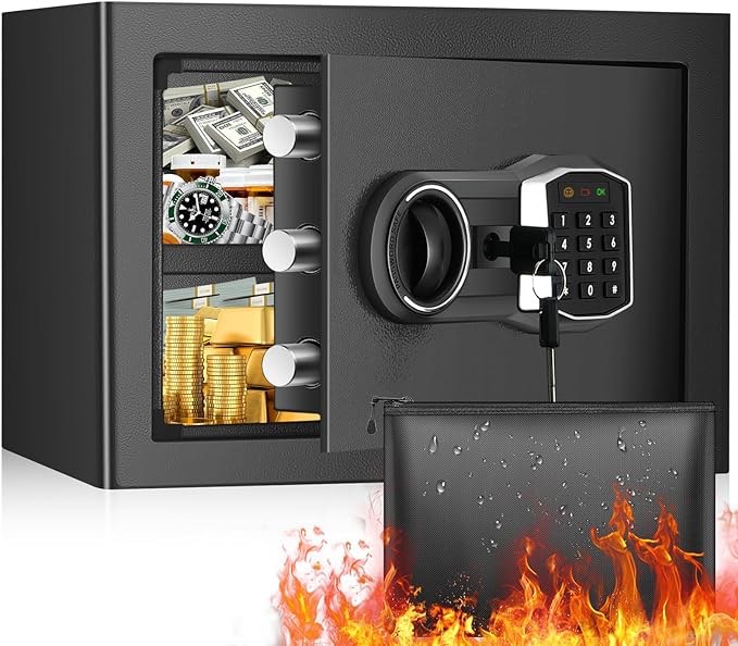 1.2 Cub Home Safe Fireproof Waterproof, Fireproof Safe Box with Fireproof Money Bag, Digital Keypad Key and Removable Shelf, Personal Security Safe for Home Firearm Money Medicines Valuables