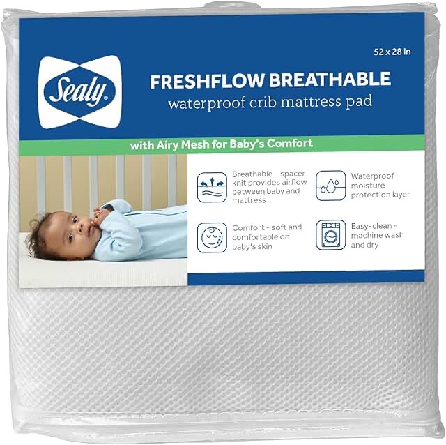 Sealy FreshFlow Breathable Waterproof Toddler and Baby Crib Mattress Pad Protector, Noiseless, Machine Washable and Dryer Friendly, 52" x 28" - White