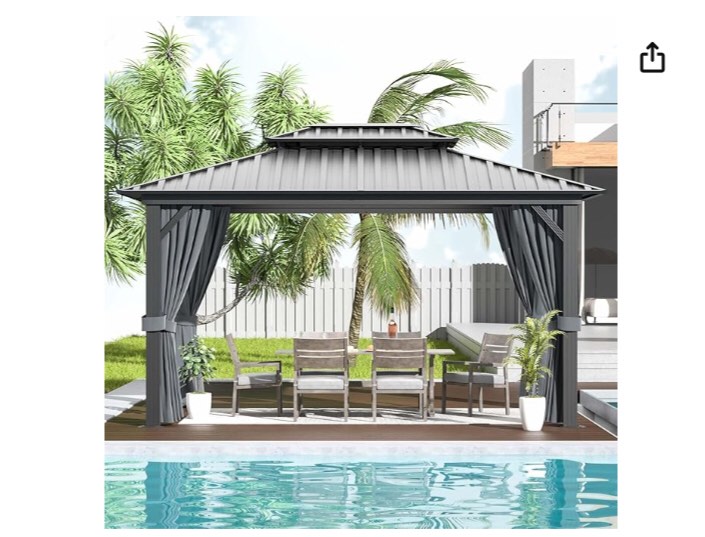 Aoxun 10 X 12' Hardtop Gazebo, Galvanized Steel Double Top, Aluminum Metal Gazebo with Netting and Curtains, Permanent Gazebo Pavilion for Outdoor Dining, Wedding, Party ( incomplete box 1/3) 