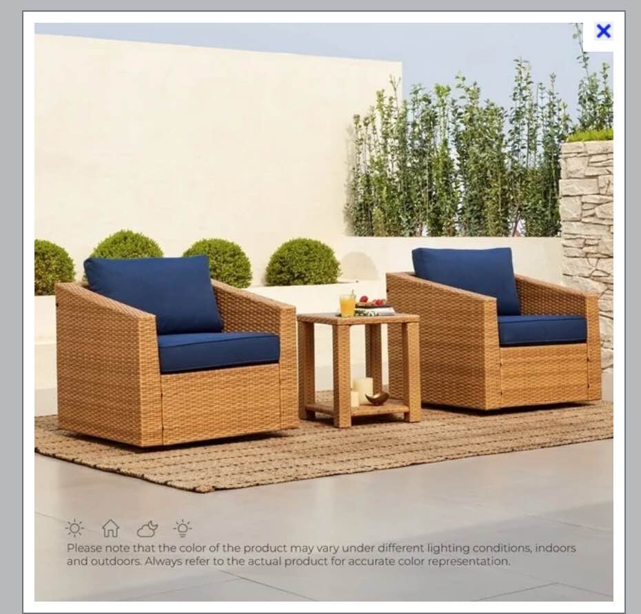 CHITA 3 Pieces Wicker Patio Bistro Set, Outdoor Furniture Set with 2 Pieces Rattan Swivel Chairs, Thickened Cushions and Side Table, Blue Cushions with Brown Wicker. ( similarly ) 