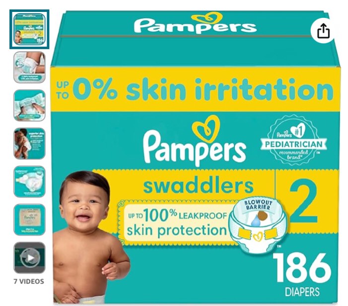Pampers Swaddlers Diapers - Size 2, One Month Supply (186 Count), Ultra Soft Disposable Baby Diapers Visit the Pampers Store
