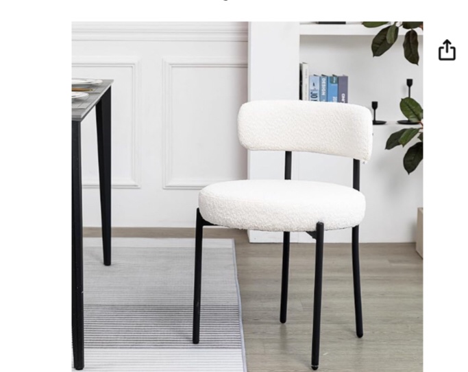 DYHOME Dining Chairs, White Boucle Dining Chairs Set of 2, Kitchen Dining Room Chairs Curved Backrest Upholstered Mid Century Modern Dining Chairs with Black Metal Legs