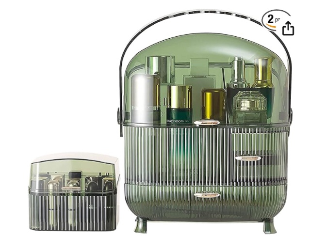 Busy Mom Multi-Function Make Up Case Dustproof Cosmetic Storage Box,Cosmetics Skin Care Products Jewelry Organizer Case Finishing Box Bedroom Desktop (Green)