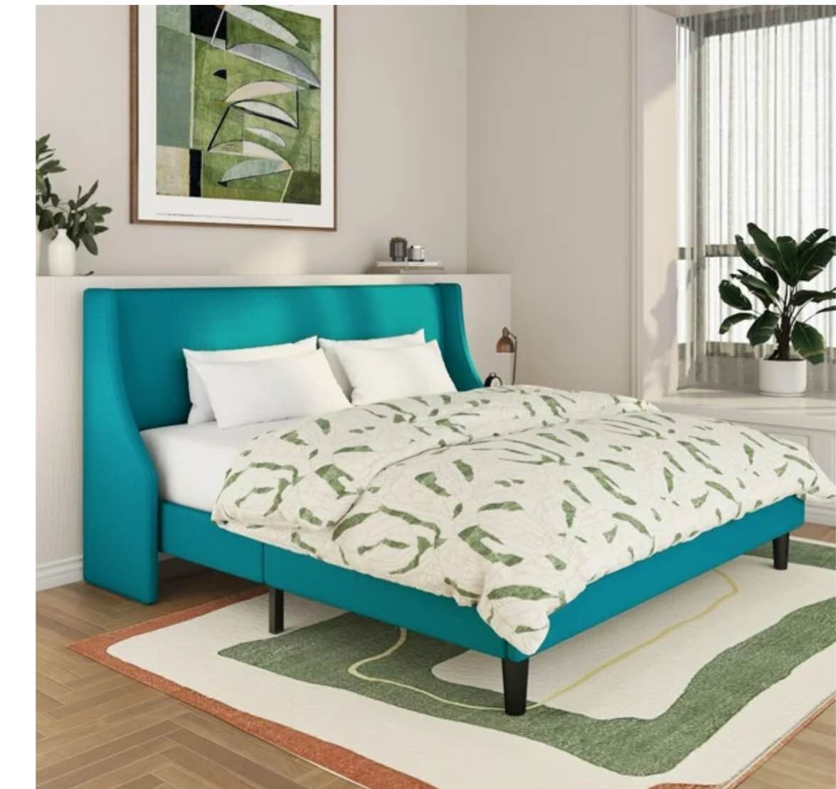 SHA CERLIN full Upholstered Platform Bed Frame with Wingback Headboard, Blue, Adults