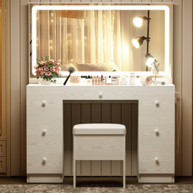 IRONCK Vanity Desk Set with LED Lighted Mirror & Power Outlet, 7 Drawers Makeup Vanities Dressing Table with Stool, for Bedroom, White