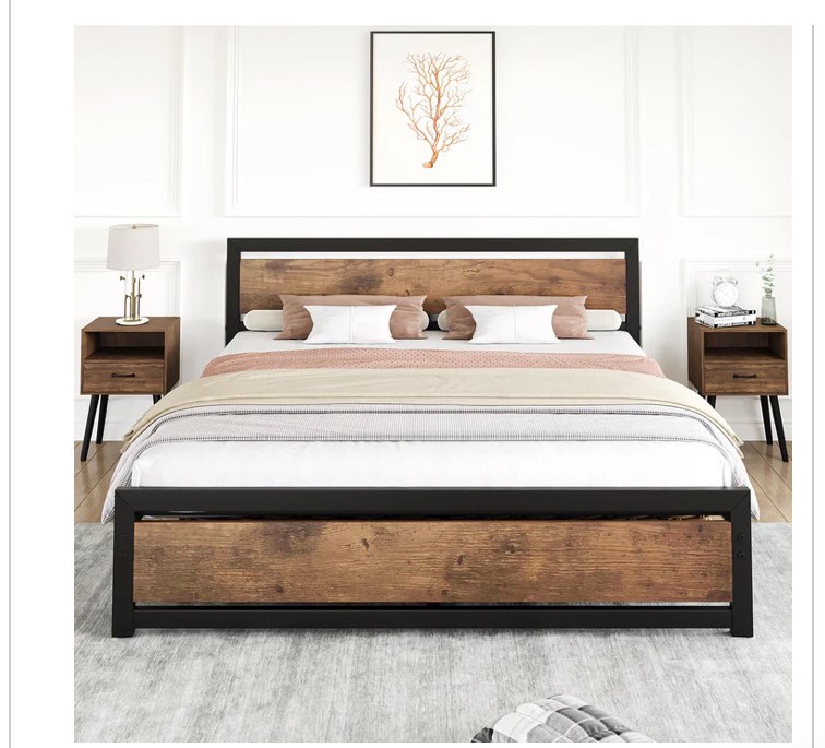 GARVEE Queen Size Bed Frame Metal Platform + Wooden Headboard & Footboard + Heavy-Duty Steel Slats + Rustic Brown