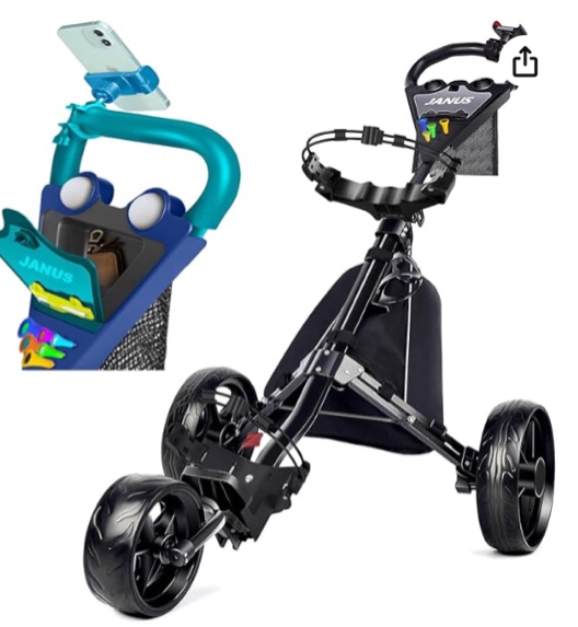 JANUS Golf cart, Foldable Golf Push cart, Golf Bag cart, Golf Pull cart with Phone Holder and Storage Bag. Golf Caddy had Large Wing or Small Wing, can be Suitable for Golf Bags of Different Sizes.