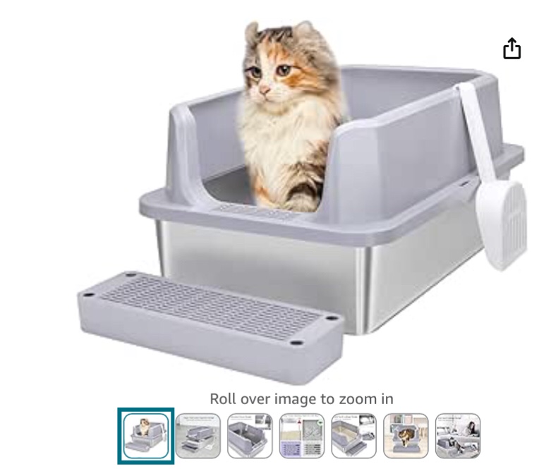 RIZZARI Stainless Steel Cat Litter Box, Semi-Enclosed Litter Box with Raised Edges, Anti-Leakage & Odorless, Large Litter Box for Small to Large Sized Cats (Silver Gray, 23.8" L*16" W*12" H)