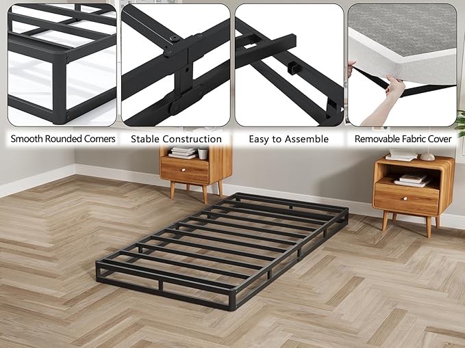 Twin Box Spring 5 Inch Low Profile Black Heavy Duty Metal Mattress Foundation/Easy Assembly/Non-Slip/No Noise/Easy Clean Fabric Cover. *as is