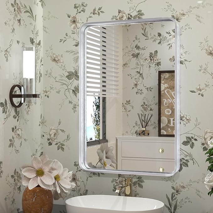 TETOTE 16x24 Inch Brushed Nickel Bathroom Mirror, Bathroom Vanity Mirror, Modern Rectangle Round Corner Matte Framed Mirror (Horizontal/Vertical) 16x24 Silver