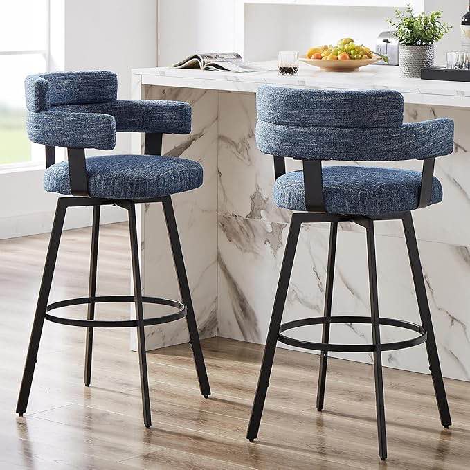 30 Inch Bar Stools Set of 2 with Full Back, Swivel Bar Chairs with Linen Padded Back, Metal Footrest, Modern Bar Height Stools for Kitchen Island, Dining, Living Room, Blue