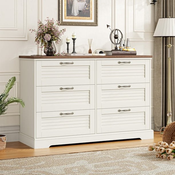 Homfa 6 Drawer Double Dresser for Bedroom, Farmhouse White Dresser Wood Storage Cabinet with Vintage Oak Wide Top for Living Room