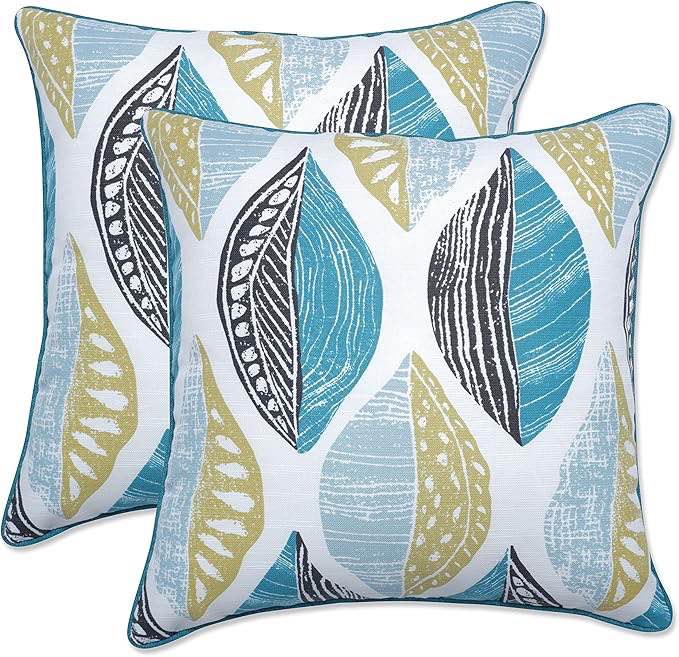 Pillow Perfect Outdoor/Indoor Throw Pillows, Large - 18.5" x 18.5", Blue Leaf Block Teal/Citron 2 Count