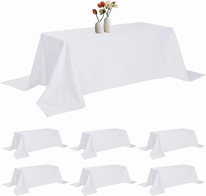 6 Pack Rectangle Tablecloth 90 x 156 Inches White Table Cloth Stain and Wrinkle Resistant Washable Polyester Fabric Table Cover for Party, Wedding and Banquet Decoration