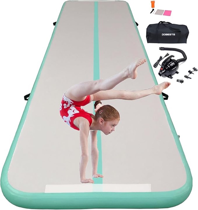 DOBESTS Inflatable Gymnastic Mat Air Track Tumbling Mat 6.6ft 10ft 13ft 16ft 20ft 4/8 Inch Thick Air Mat Tumble Track Air Barrel Gymnastics Roller with Electric Air Pump