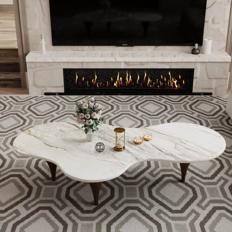 Maesa 54.8" White Faux Marble Top Coffee Table with Brown Wood, 2 Tier Living Room Table for Living Room, Office, Balcony