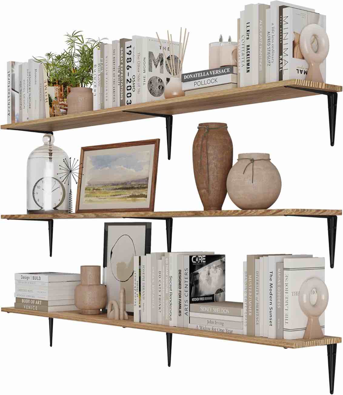 Wallniture Arras 60"x8" Rustic Floating Shelves for Wall Decor, Wall Bookshelf Living Room, Wall Shelves for Kitchen, Pantry Floating Shelf Set of 3, Burnt, Wood