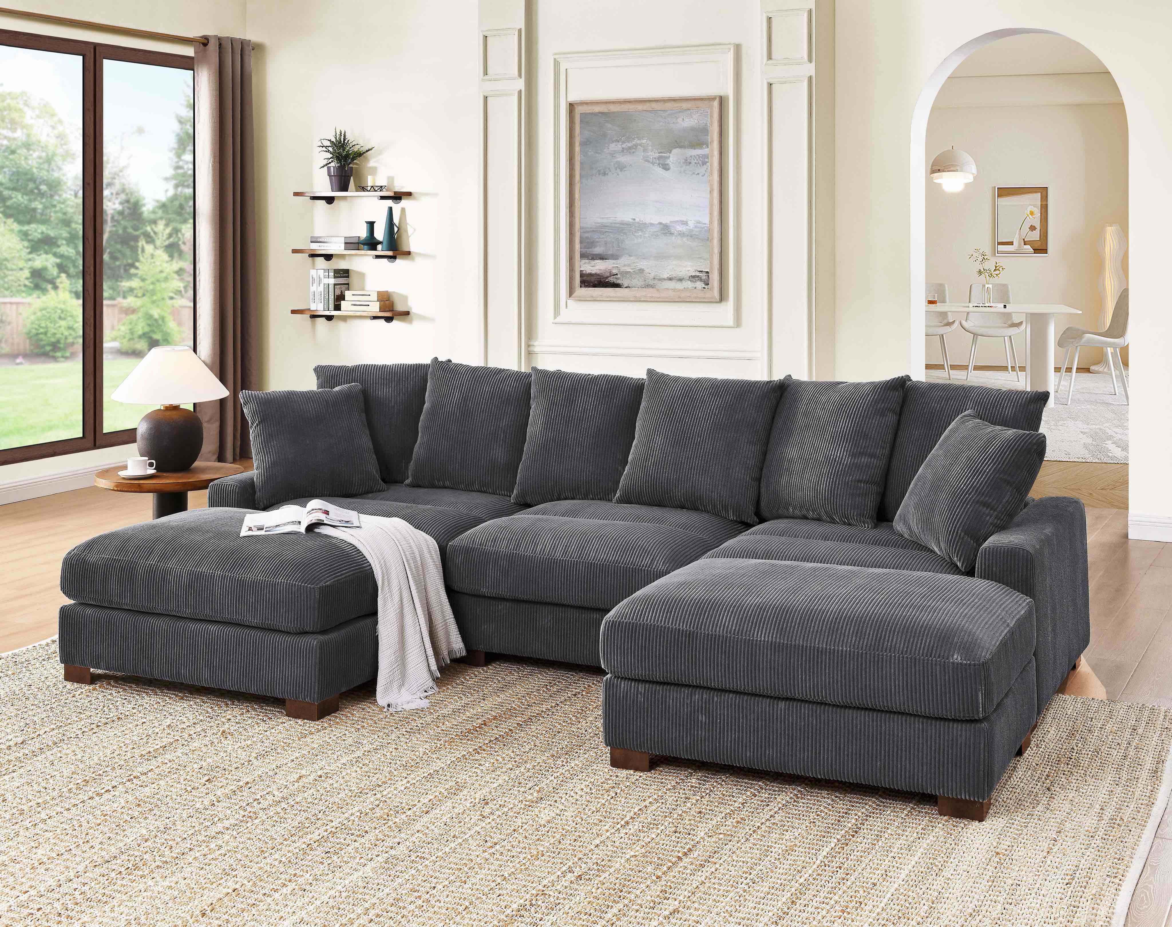 122” upholstered corduroy sofa with ottomans *incomplete, arms and ottoman only* *similar to stock photo*  *2 boxes total* 