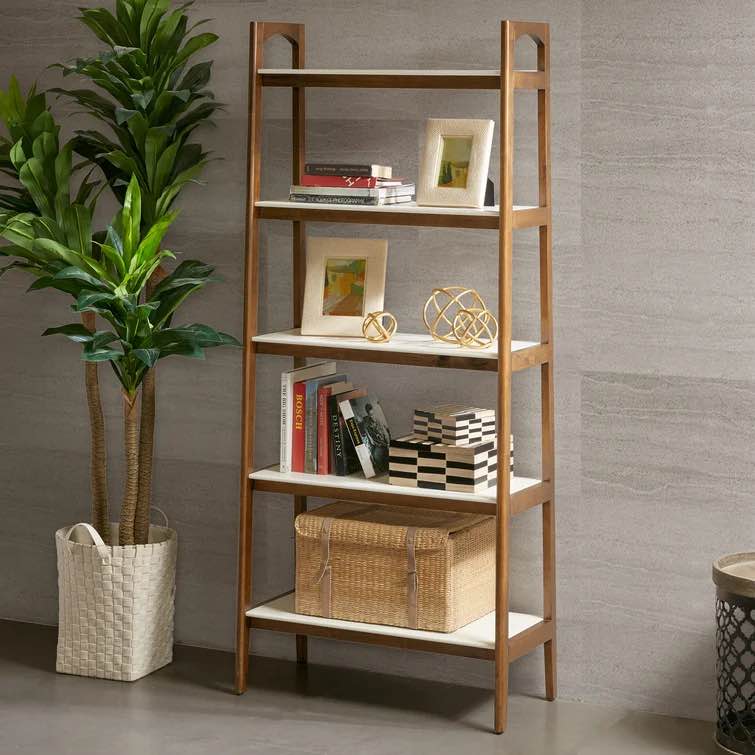 Off-White/Pecan Parker Solid Wood Ladder Bookcase