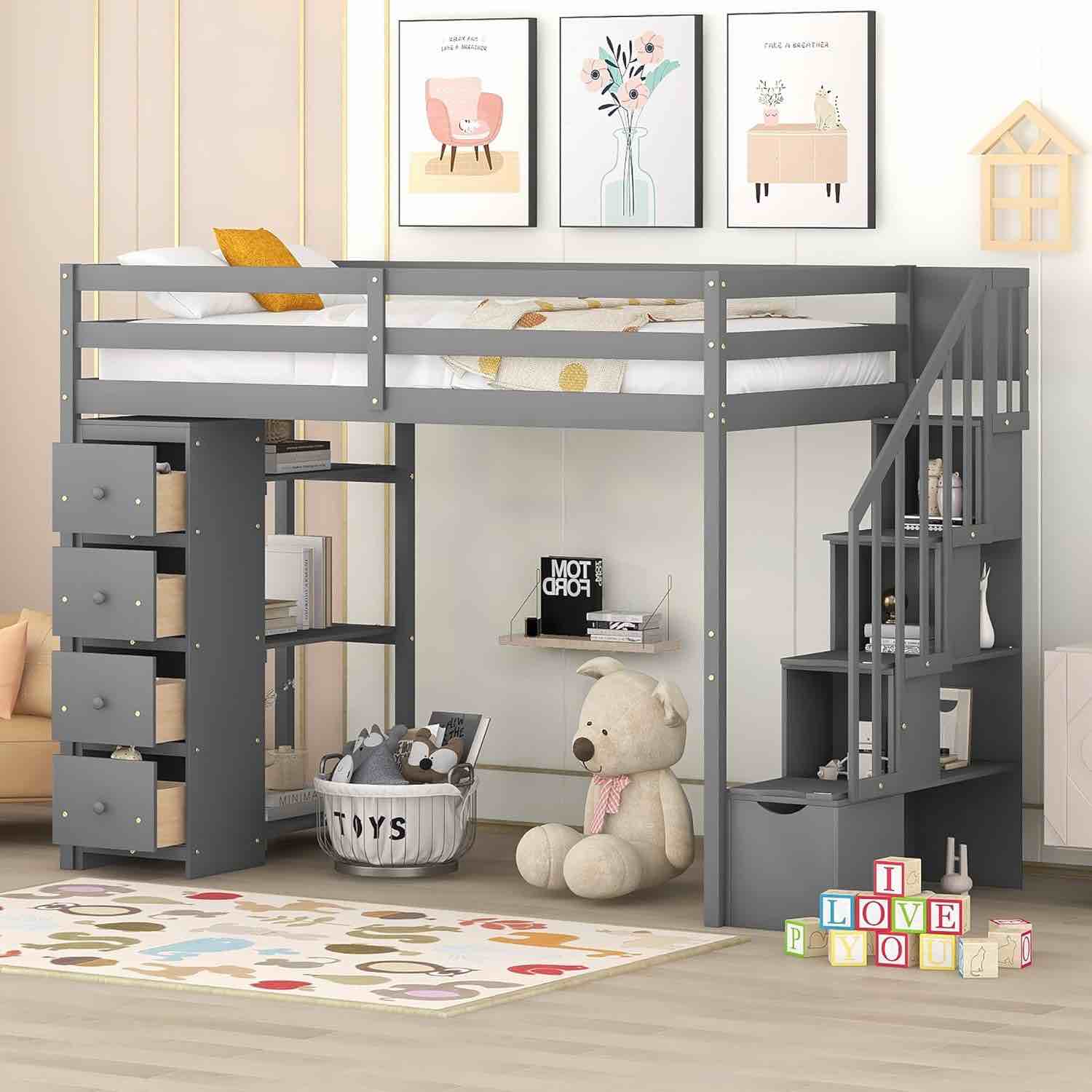 Loft Bed with Storage Drawers and Stairs, Wooden Loft Bed with Shelves and Guardrail for Bedroom,No Box Spring Needed WF296605AAE (incomplete box 1 of 3 only)