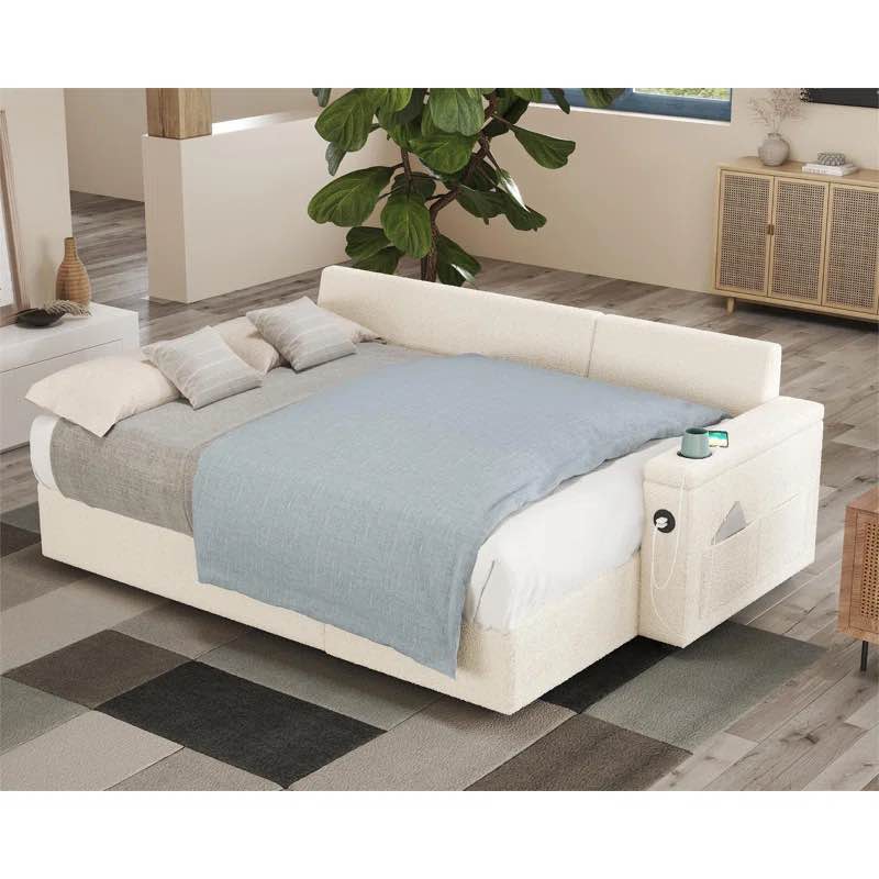 Fido 84 Inch Pull Out Couch, Tufted Sofa Bed With 2 USB Sockets & Cup Holders *incomplete, box 2/2 only*