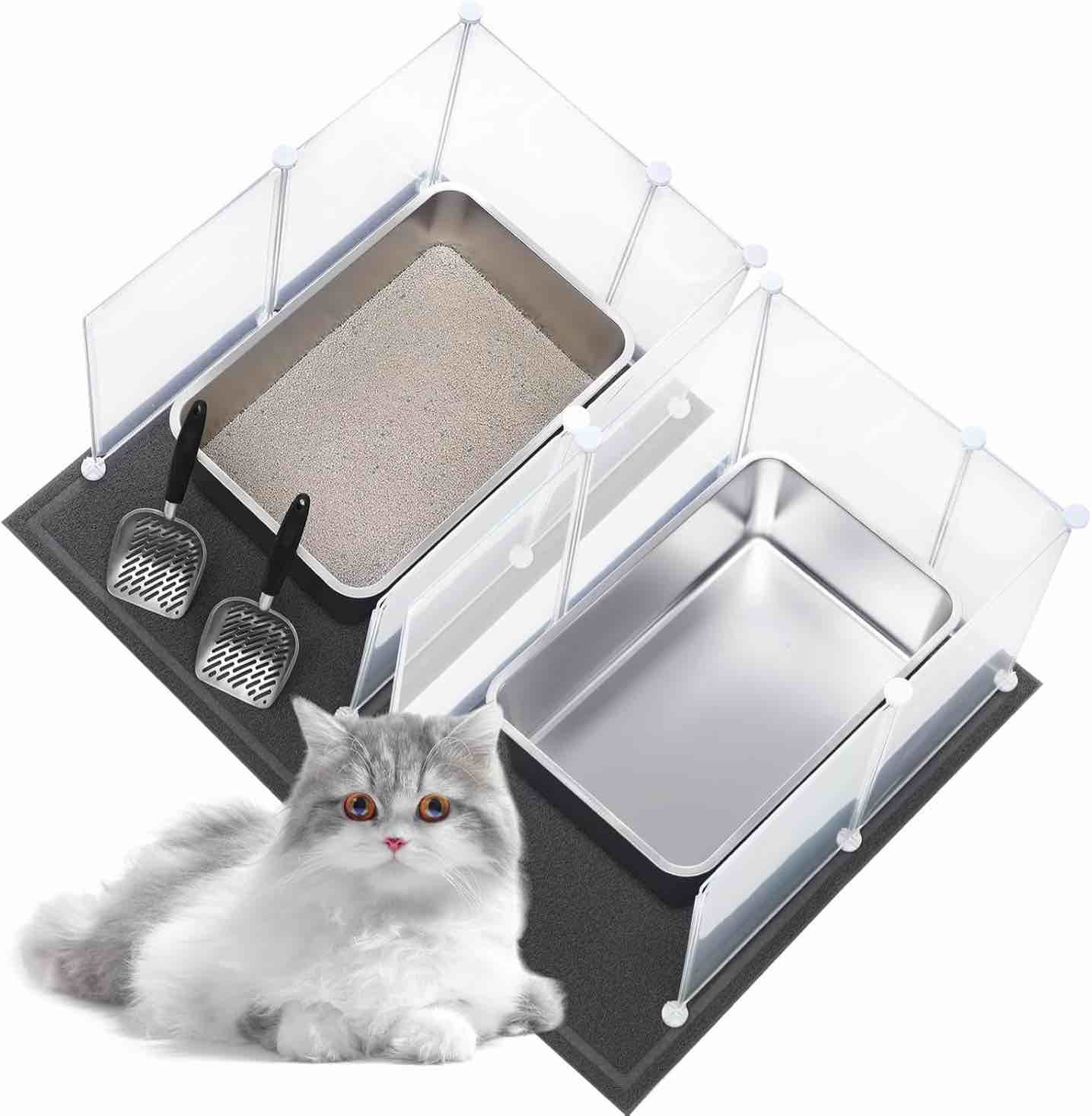 Tioncy 2 Pack Extra Large Stainless Steel Cat Litter Box, 2 Cat Litter Scoop, 2 Cat Litter Mat, 12 Corner Splash Guard Never Absorbs Odor, Rustproof, Non Stick Smooth Surface (23.6 x 15.8 x 5.9 Inch)